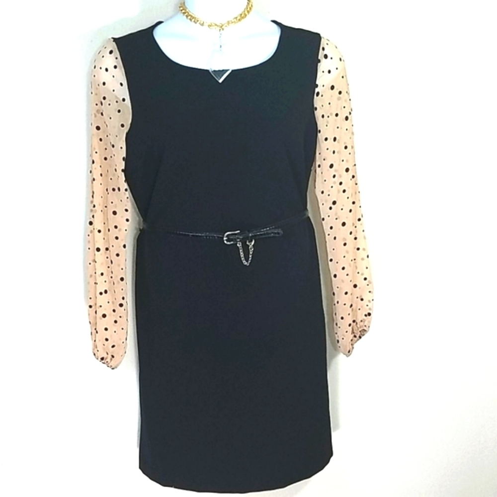 🖤 Sheer Polka Dot Long Sleeve Pencil Dress Danny & Nicole Size 14 Belted Classy